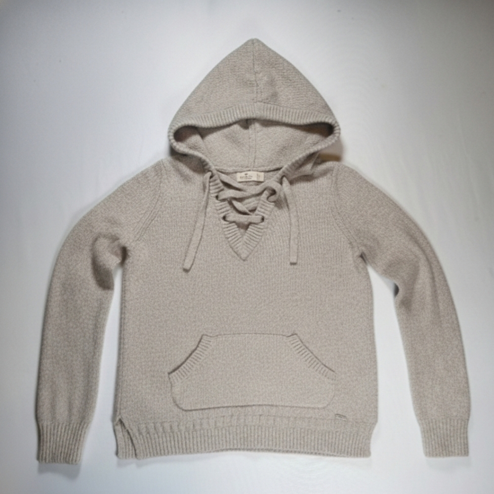 Hollister Chunky Knit Hoodie XS Lace Up V-Neck Oatmeal Beige Cozy Boho Pullover